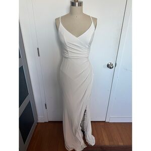 David's Bridal Ruched Skinny Strap Dress with Lace Slit Wedding Dress